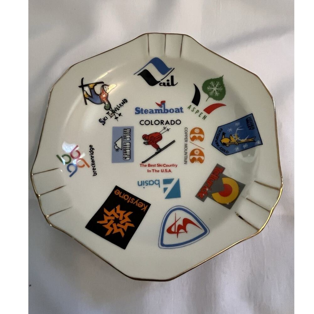 Colorado Ski Resorts Decorative Plate Ceramic Gold Trim Vail Steamboat Aspen Ash